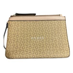 Guess Monogram Logo Wristlet Beige Tan Faux Leather Zip Up Clip Wrist Pouch NEW